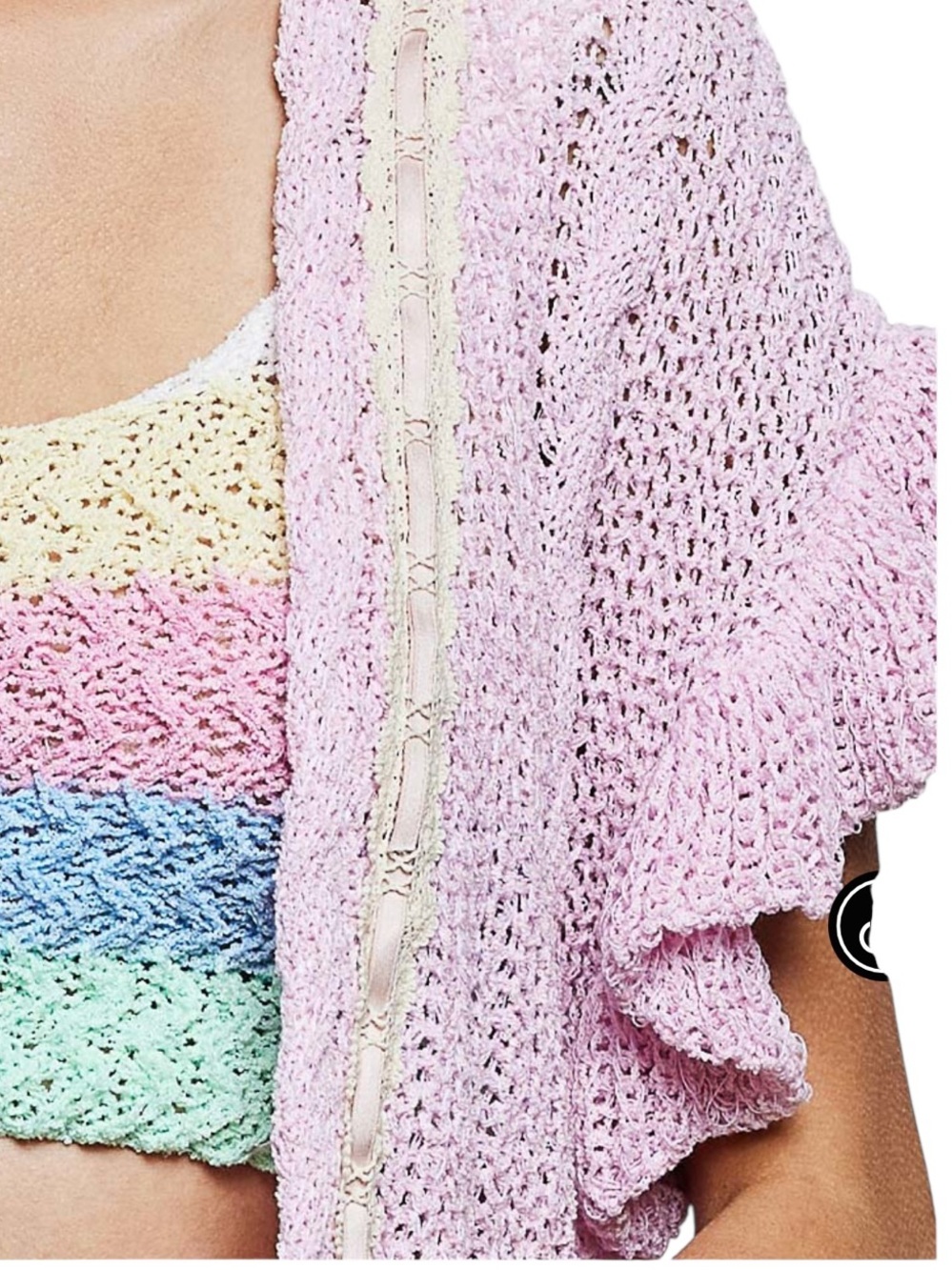 POL Pink Pastel Crochet Knit Open-Front Ruffle Short Sleeve Cardigan - Picture 5 of 6